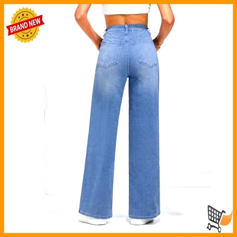 High Waisted Wide Leg Jeans Stretchy Denim Pockets Fashion - Picture 3 of 7